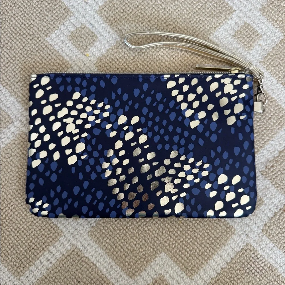 MONAT Wristlet Clutch Bag Navy Metallic Gold Dot Zip Pouch OS